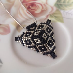 Black Triangle Beadwork Necklace, Black and Silver Beadwork Necklace, Wedding Pendant, Beadwork Jewelry, Triangle Beadwork Pendant, For Her