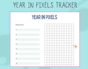 Könnte beinhalten: Eine druckbare Bullet-Journal-Seite mit einem Raster zum Verfolgen eines Jahres in Pixeln. Die Seite enthält auch einen Abschnitt für Highlights mit nummerierten Zeilen zum Schreiben.