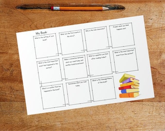 Op de afbeelding: Een printbaar werkblad met een boekthema. Het werkblad heeft negen vakjes met prompts voor leesbegrip en reflectie. De prompts omvatten: Wat is de setting van je boek? Wat zijn de eerste gebeurtenissen in het verhaal? Wie is het hoofdpersonage? Voorspel wat je denkt dat er daarna gebeurt? Wat is de belangrijkste gebeurtenis die in deze sectie is gebeurd? Maak een connectie tussen wat je vandaag hebt gelezen en een ander boek/film/gebeurtenis. Wat is een vraag die je hebt na het lezen van vandaag? Wat is de belangrijkste gebeurtenis uit deze sectie? Wat is een conflict dat in het boek is gebeurd? Vat samen wat je vandaag hebt gelezen. Wat is de boodschap/het thema van het boek?
