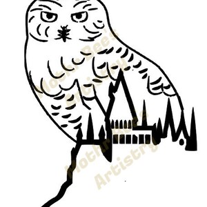 May include: Black and white line drawing of a snowy owl perched on a branch. The owl is facing to the right and has a detailed design. The branch is stylised and has a series of spikes.
