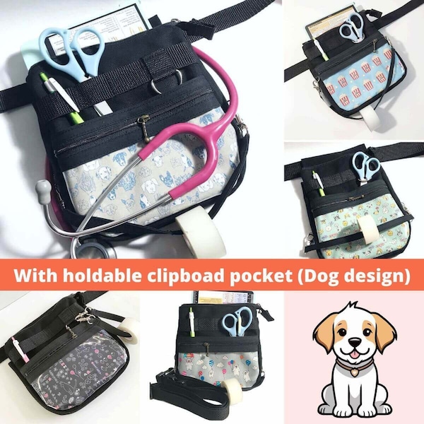 Nurse fanny pack with wide pocket for clipboard, Vet tech tool belt with many pockets