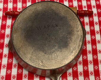 Antique WAPAK No 10 Block Logo Cast Iron Skillet w Heat Ring, #10 Nickel Plated, Large 11.25 inch, Frying Baking Grilling Pan Camping Gift