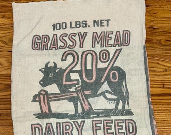 Vintage Grassy Mead Dairy Feed Sack, Holstein Cow, Advertising Feedsack, Unbleached Cotton Sewing Decor