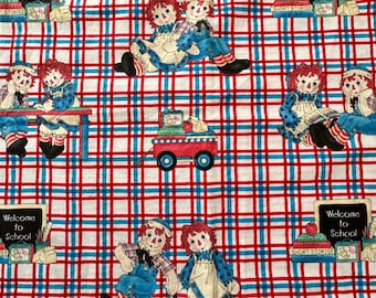 Tela de algodón vintage Raggedy Ann Andy, Daisy Kingdom Back to School, rojo, blanco y azul, 1,9 yardas.
