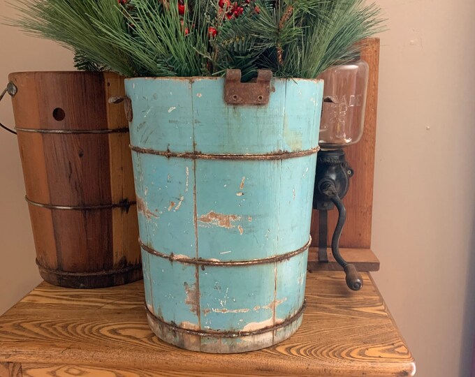 Vintage Wooden Ice Cream Bucket Aged Blue Paint Rustic Etsy