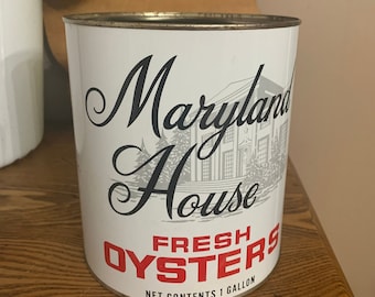 Vintage Oyster Tin MARYLAND HOUSE Canister One Gallon Printed Advertising, Kennerly & Son, Inc. Nanticoke MD Coastal Beach House Decorating
