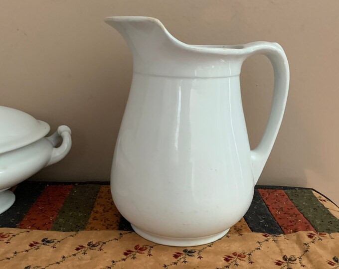 Antique White English Ironstone Pitcher, 8 Inches Tall, Burgess Burslem