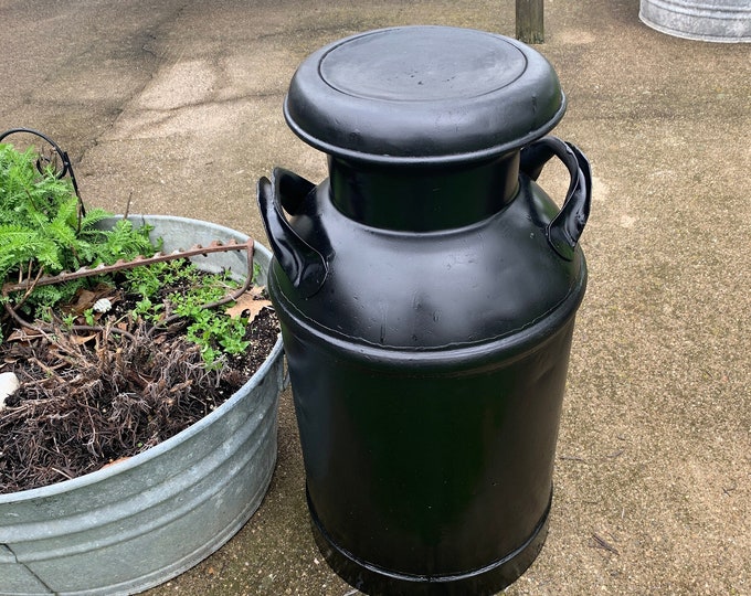 Large Vintage Black Milk Can W Lid, Tall 10 Gallon Heavy Steel Metal