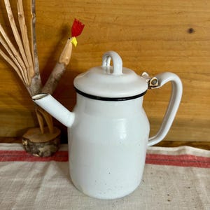 Small Vintage White Enamelware Coffee Tea Pot with Black Trim, FOR DISPLAY, Rustic Enamel