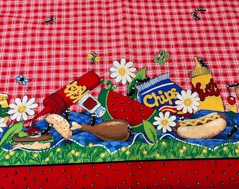 Vintage Printed Cotton Picnic Tablecloth Fabric, Food Watermelon, Susie Rose Repurpose Summer Decor Fabric