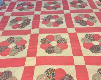 Edredón estilo Dresde vintage, color rosa y blanco, de algodón ligero, tamaño matrimonial (72 x 86 pulgadas), sin acabado.