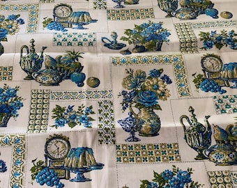 Tela vintage de algodón para decoración de cocina, 1,7 yardas, estampado verde aguamarina, estilo cottagecore.