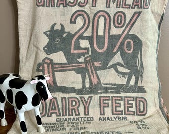 Vintage Grassy Mead Dairy Feed Sack, Holstein Cow, Advertising Feedsack, Unbleached Cotton Sewing Decor