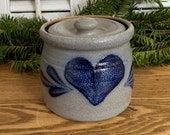 Small Rowe Pottery Works Stoneware Crock Jar with Lid, Vintage Blue Gray Salt Glazed, Cambridge Wisconsin Farmhouse Decor