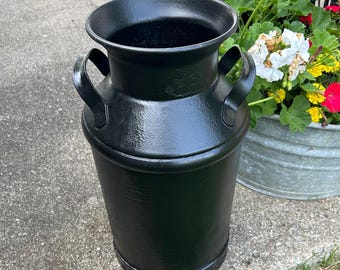 Vintage Black 5 Gallon Milk Can, Painted Heavy Metal 20 in tall, Rustic Farmhouse Porch Mailbox Decor