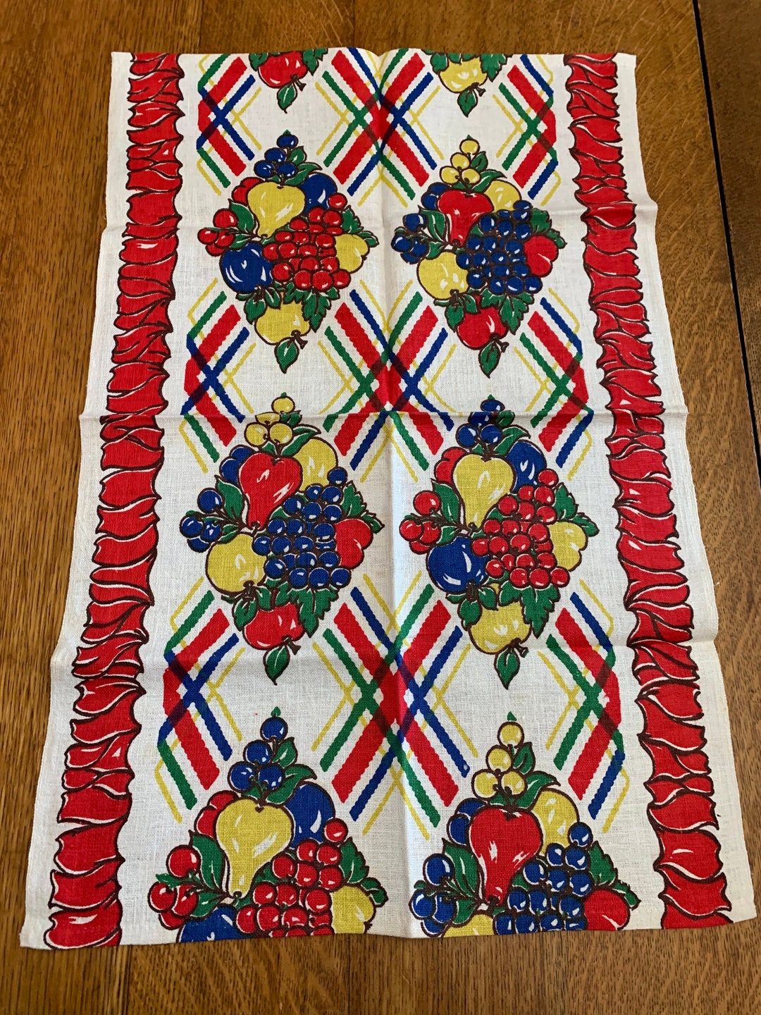 Vintage Printed Cotton Kitchen Towel Crisp Unused Red Green Etsy