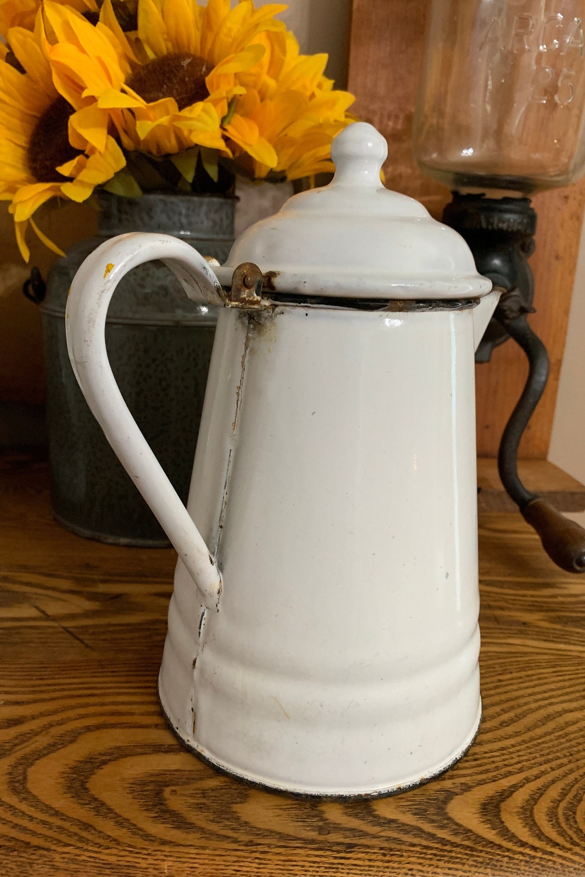 Vintage White Enamelware Coffee Pot With Black Trim Chippy Etsy