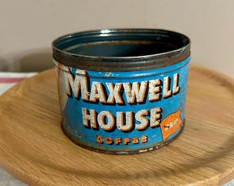 Vintage Aged 1950's Maxwell House Coffee Can, Rusty Blue Orange Tin, Rustic Kitchen Planter