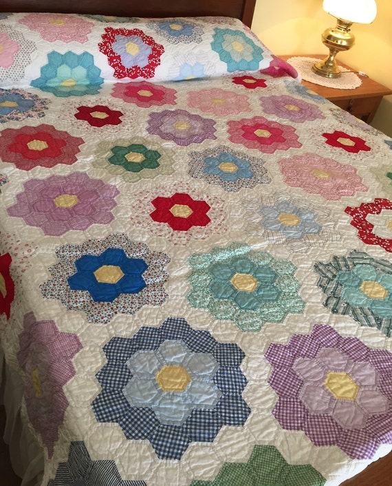 Grandmother's Flower Garden Quilt Vintage Hand Stitched Etsy