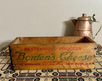Caja de madera vintage para queso Borden's de 2,2 kg (5 libras), expositor de almacenamiento de madera, decoración rústica de cocina envejecida