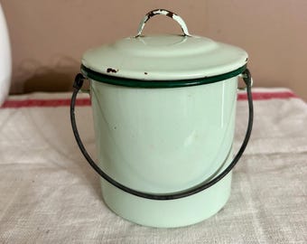 Vintage Light Green Enamelware Berry Bucket Pail w Lid, Wire Bail Wooden Handle, Rustic Decor