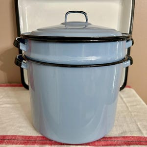 Vintage Blue Enamelware Pot w Steamer Drainer Lid, Farmhouse Kitchen Garden Compost
