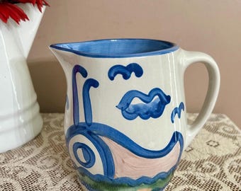 Vintage Whale Pitcher M.A. Hadley, 1.5 Quart Water Milk Juice, Low Tide Blue Glazed Pottery
