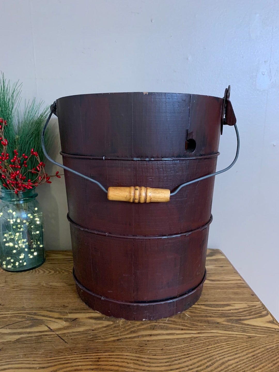 Large Vintage Wood Bucket Ice Cream Freezer Pail, Pine Base, Rustic