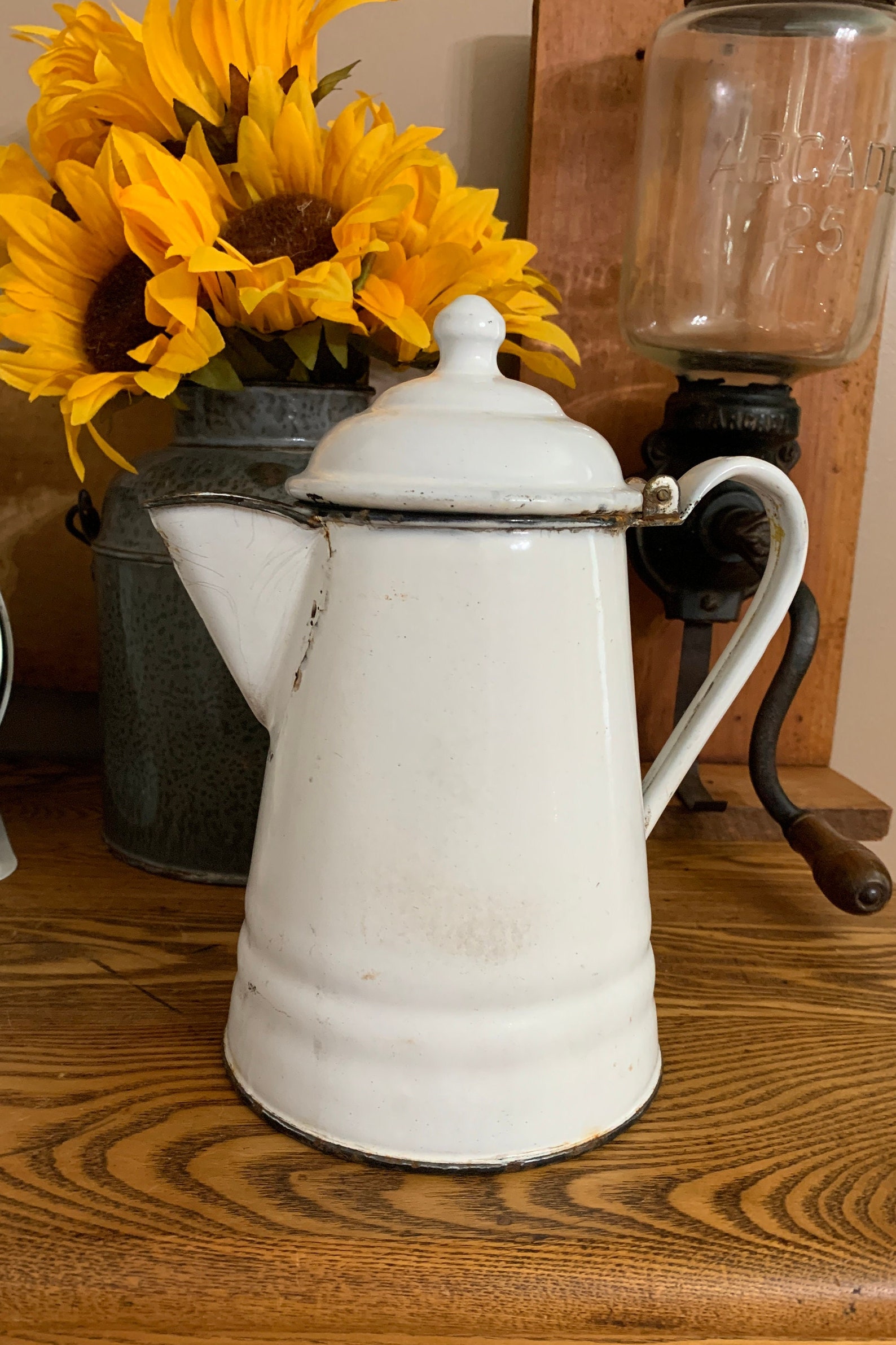 Vintage White Enamelware Coffee Pot With Black Trim Chippy Etsy