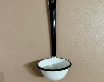 Vintage White Black Enamelware Ladle, Enamelware Rustic Cabin Porch, Prim Cabin Farmhouse Home Decor, approx. 10.5 in. long