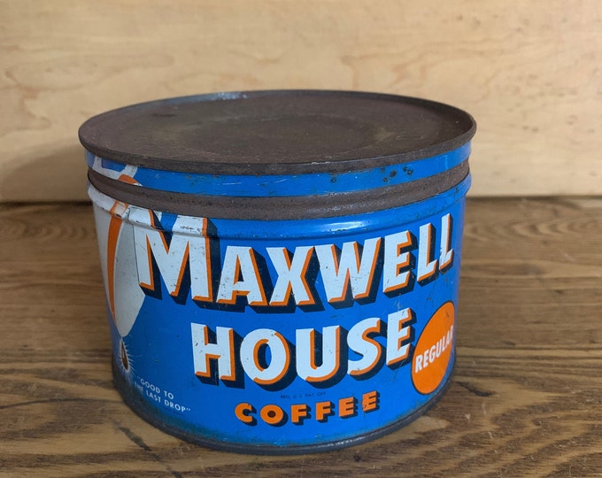 Vintage Maxwell House Coffee Can, 1 Lb Blue White Orange Metal Tin W