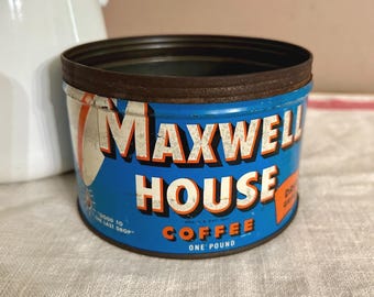 Maxwell House Coffee Can, 1 lb. Blue White Orange Metal Tin, Vintage Farmhouse Kitchen Planter Decor