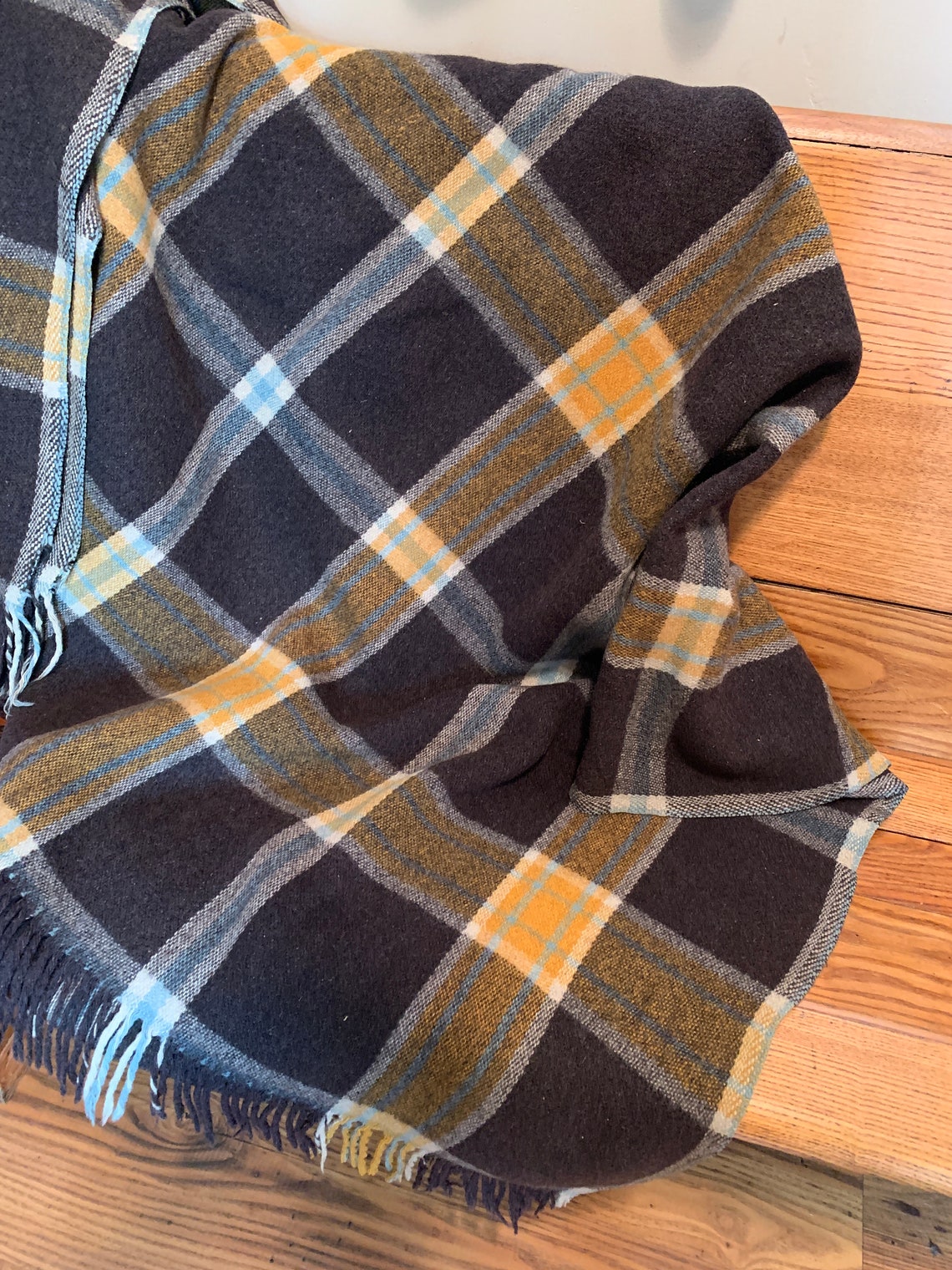 Vintage Wool Plaid Blanket Throw with Fringe Brown Cream | Etsy