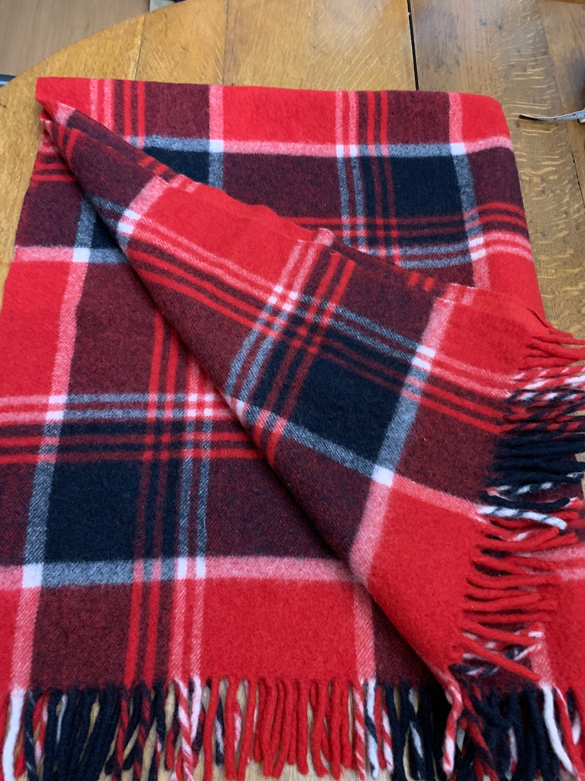 Red Black White Plaid Wool Throw Blanket with Fringe Vintage Etsy