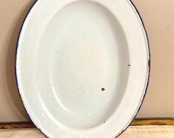 Bandeja ovalada de esmalte blanco antiguo, esmaltada rústica primitiva para cocina