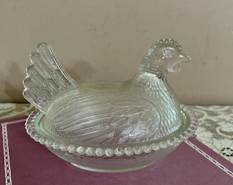 Vintage Indiana Glass Hen on Nest, 7 Inch, Clear Glass, 1960s Candy Trinket Dish, Chicken