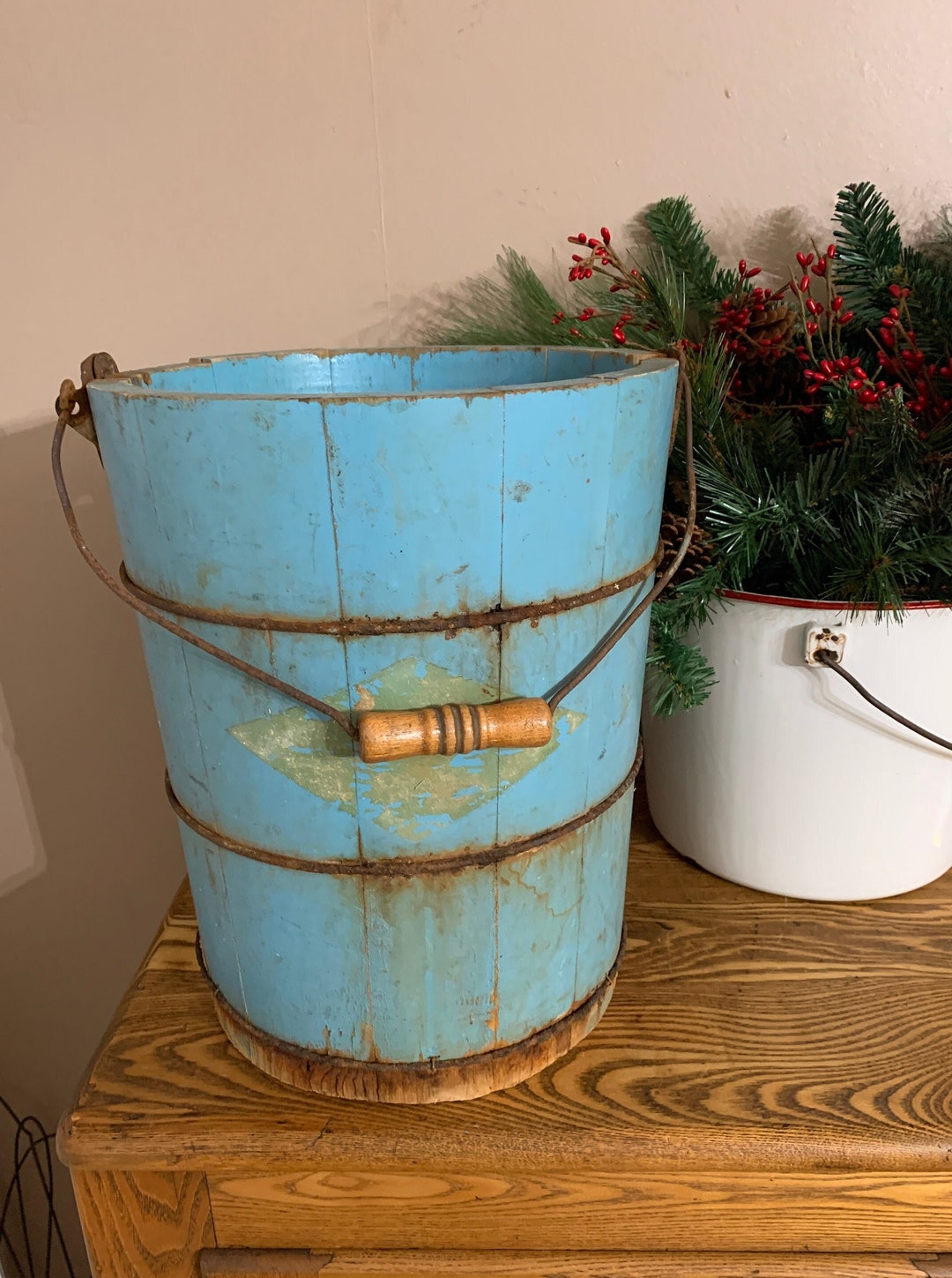 Vintage Wooden Ice Cream Bucket Aged Blue Paint Rustic Etsy
