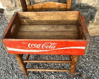 Coca Cola Crate, Vintage 1970s  Wooden Soda Pop Coke Case, Red White Rustic Beverage Box
