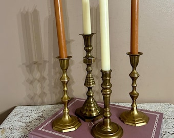 4 Vintage Brass Plated Candlesticks, Mixed Candle Holders Lot, Classic Fall Home Decorating