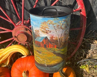 Vintage Hand Painted Metal Cream Can, Red Barn Fall Scene, Farmhouse Decor (14" Tall)