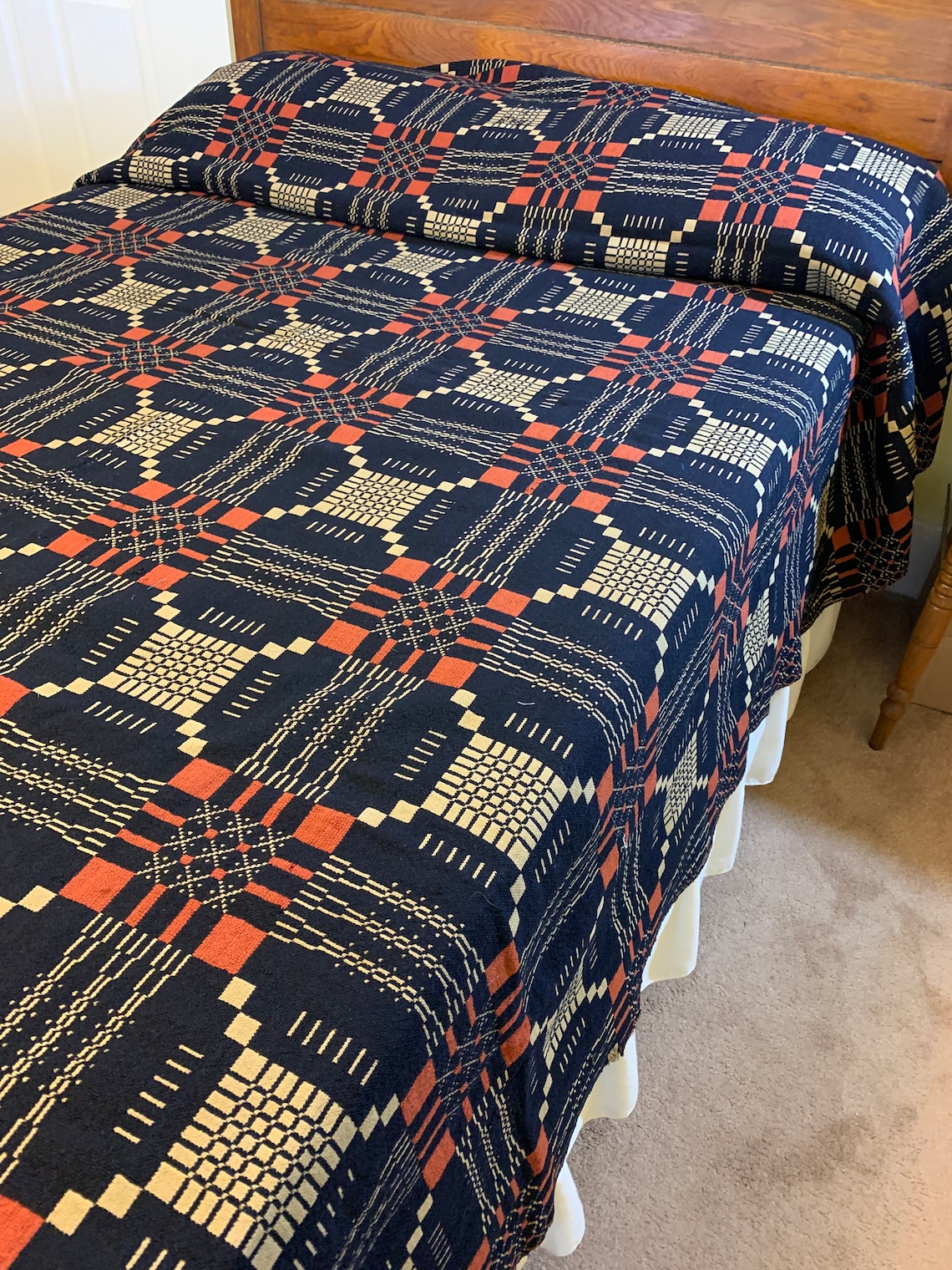 Antique 1800's Woven Coverlet Double Weave Red Indigo Etsy