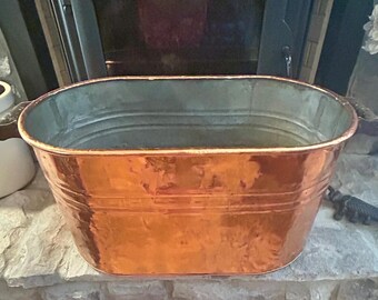 Antique Shiny Copper Boiler Wash Tub, Firewood Kindling Storage Fireplace Decor