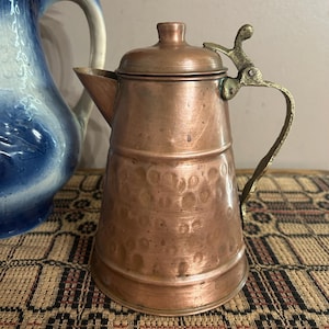 Vintage Hammered Copper Coffee Pot w Brass Handle, In. Tall, Rustic Fall Home Decor