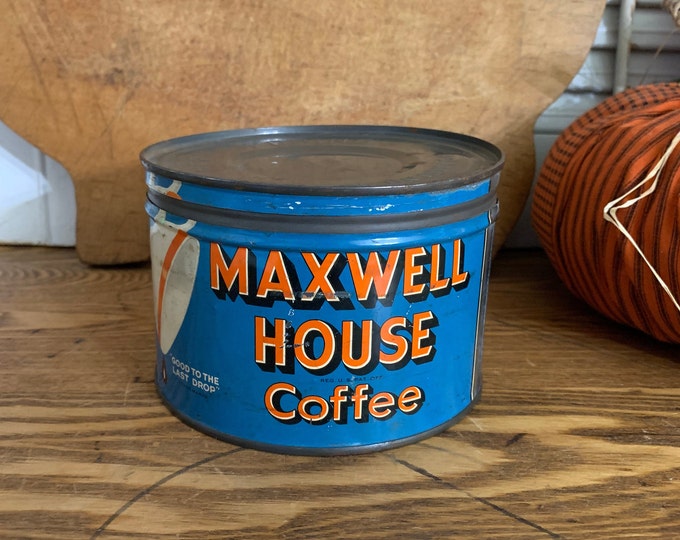 Maxwell House Coffee Can With Key, 1 Lb Blue White Orange Metal Tin W