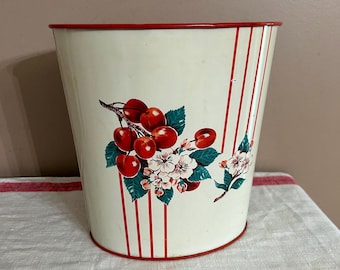 Vintage 1950's Cherries Metal Kitchen Trash Can, Red White Oval Wastebasket, Cherry Theme Cottage Decor