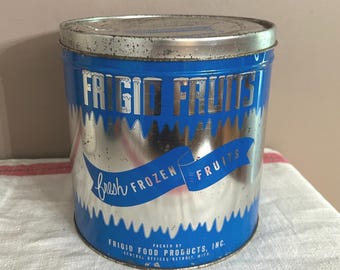 Vintage FRIGID FRUITS Tin Canister, 7.5 inches, Advertising Can Detroit MI, Blue White