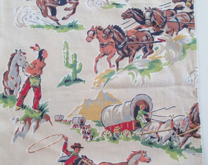Vintage Cowboys Indians Horses Western Fabric Cotton 84 Long Prairie ...