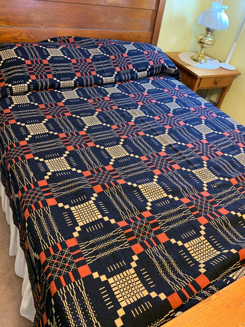 Antique 1800's Woven Coverlet Double Weave Red Indigo Etsy