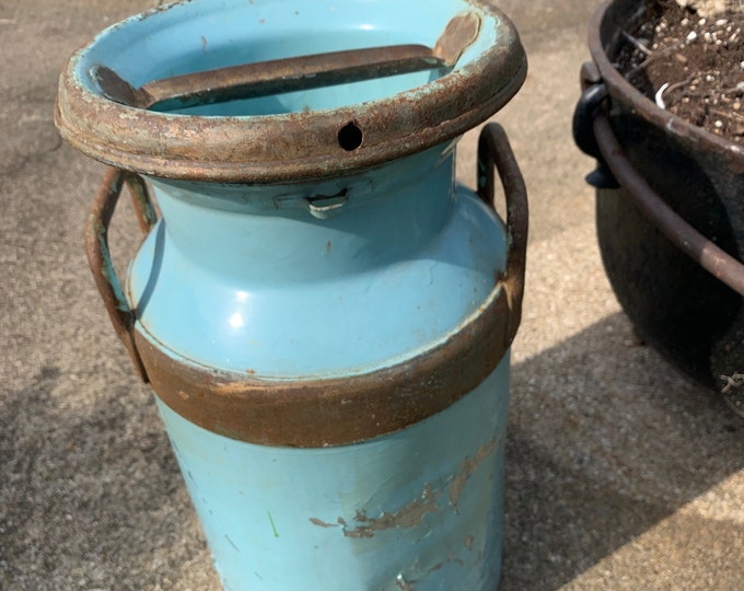 Vintage 5 Gallon Milk Can, Painted Blue Heavy Steel Metal 20 in Tall