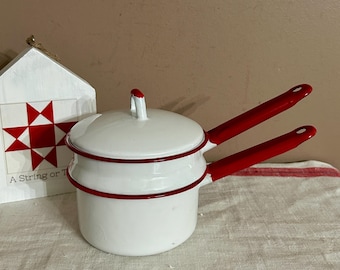 Vintage White Enamelware Double Boiler Pot, Red Trim 3 pc., Farmhouse Kitchen Display